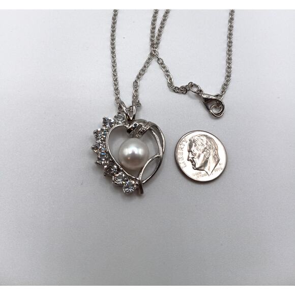Heart Pendant Necklace with Freshwater Pearl on 24" Stainless Steel Chain - Picture 3 of 3